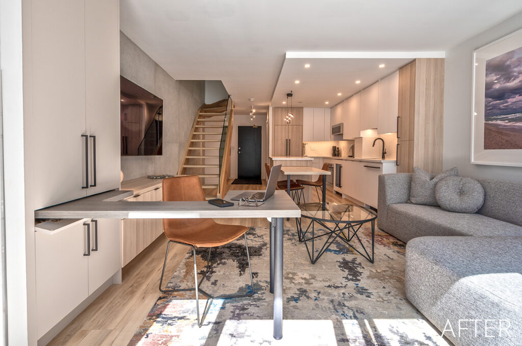 Renovated main floor Toronto condo shows open built in desk.